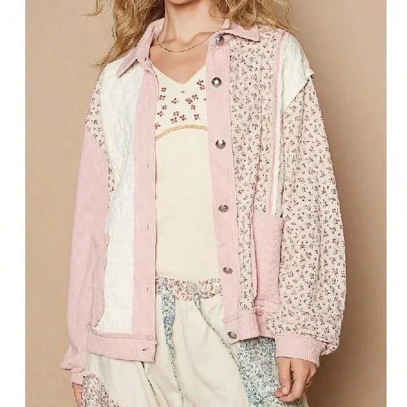 Pink Multi Casual Women's Floral Exposed Seam Button Up Quilted Jacket - Picture 4 of 5